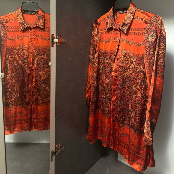 ZARA satin red long button down top in XS - Picture 2 of 7